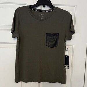 DKNY Olive Green Short Sleeve Tee with Black Faux Leather Pocket